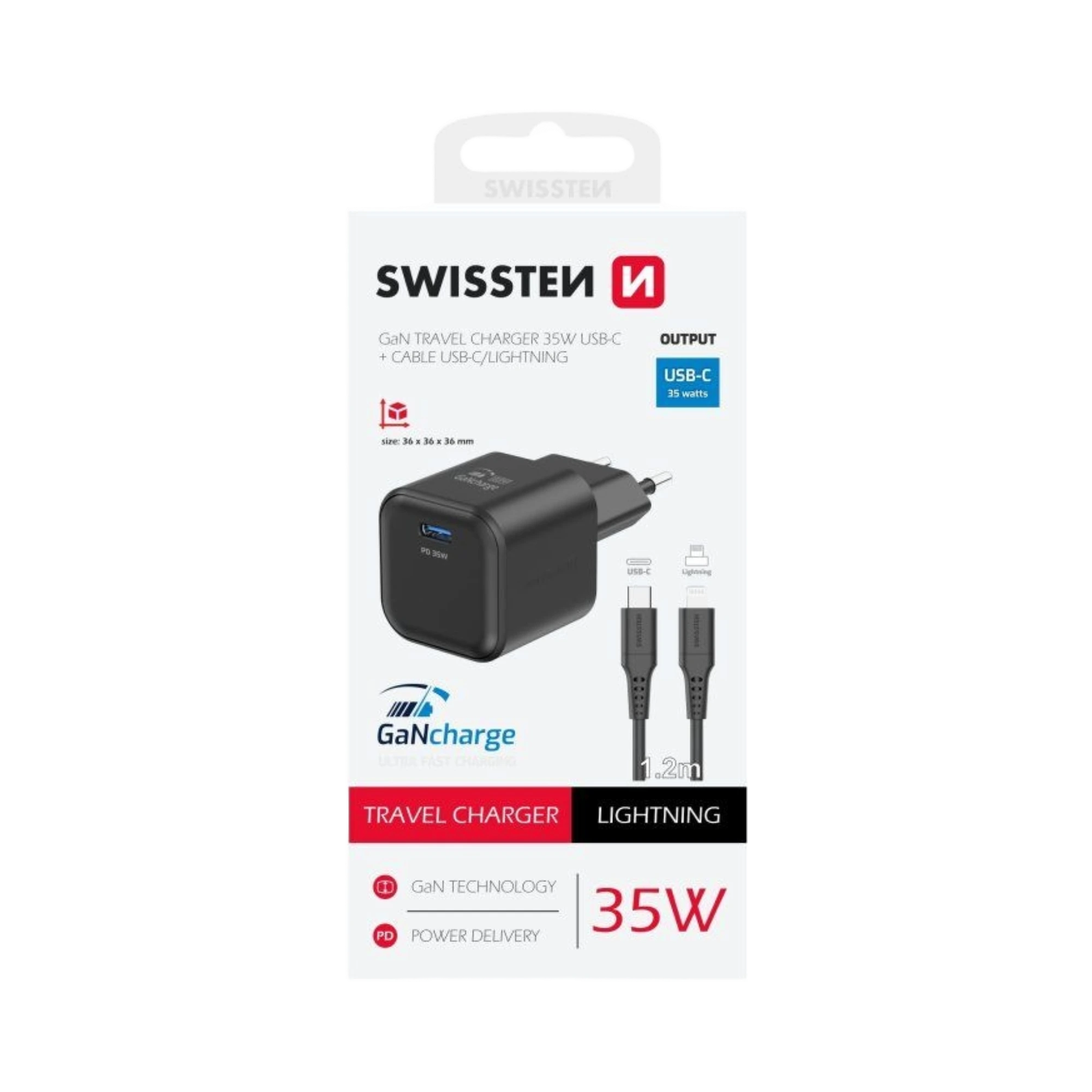 Karikues GaN 1x USB-C 35W POWER DELIVERY + Kabllo USB-C/LIGHTNING, 1,2M SWISSTEN