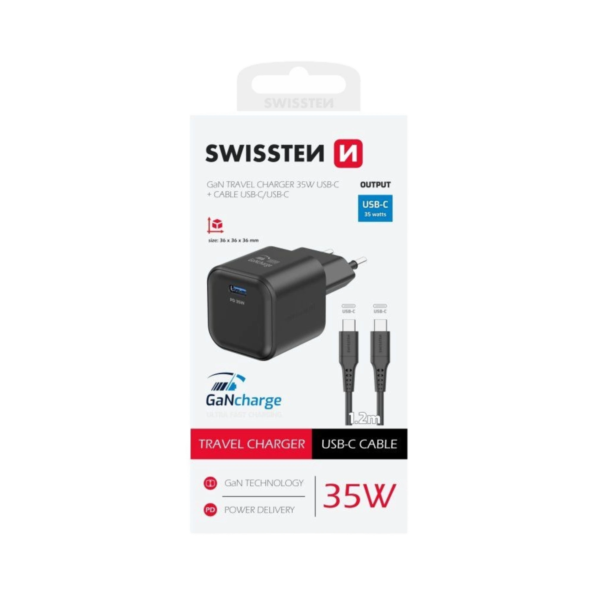 Karikues GaN 1x USB-C 35W POWER DELIVERY + KABLLO USB-C/USB-C 1,2 M SWISSTEN